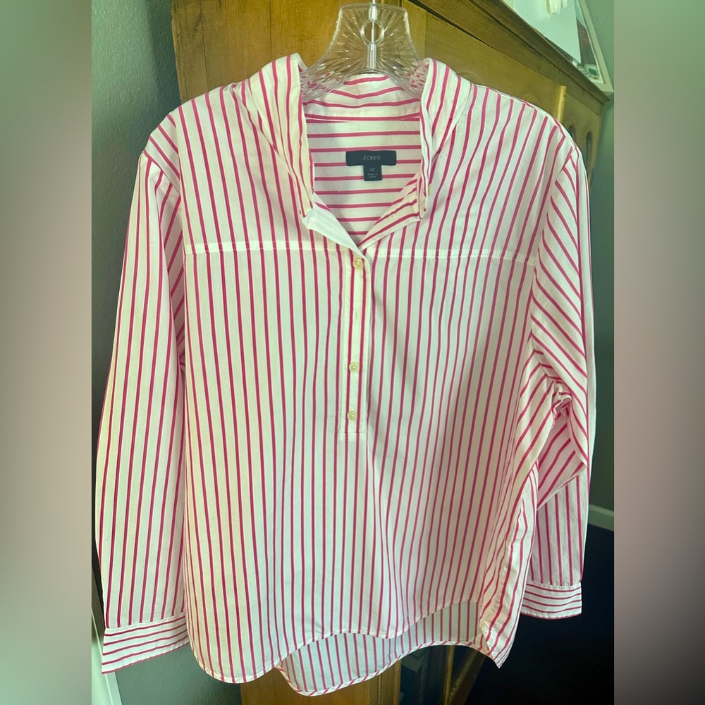 J Crew band-collar cotton poplin tunic in stripe.              Lightly worn.
